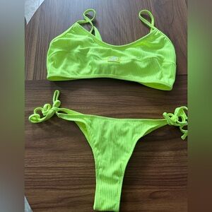 Neon Lime Ribbed Tie-Side Bikini - Women Swim